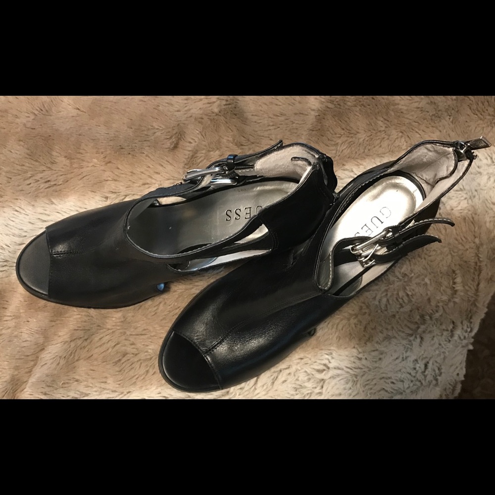 Black Leather Guess Peep Toe Booty